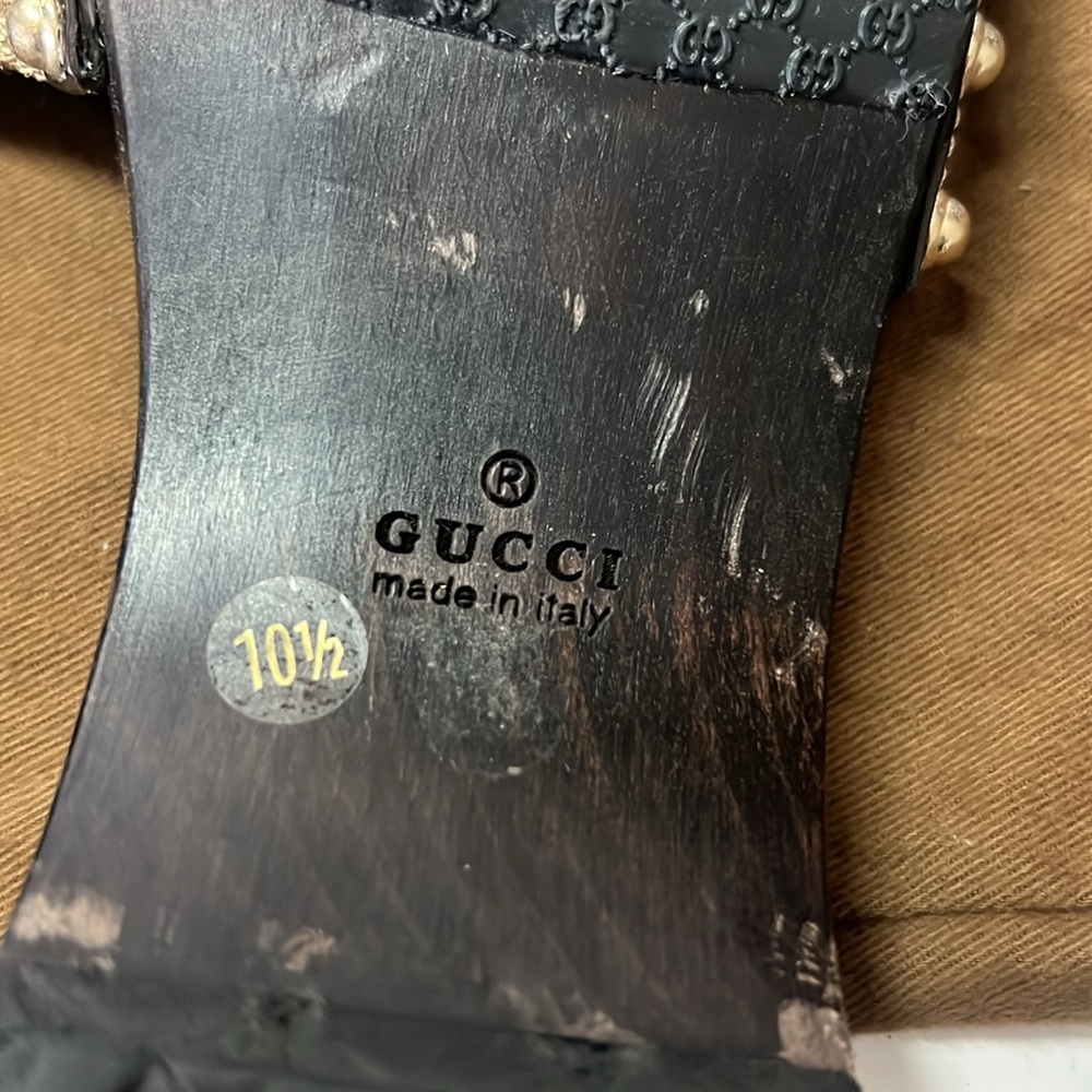 GUCCI Beige/Ebony GG Canvas Signature Web Icon Bit Wood Slide Clog Sandals - Picture 7 of 10